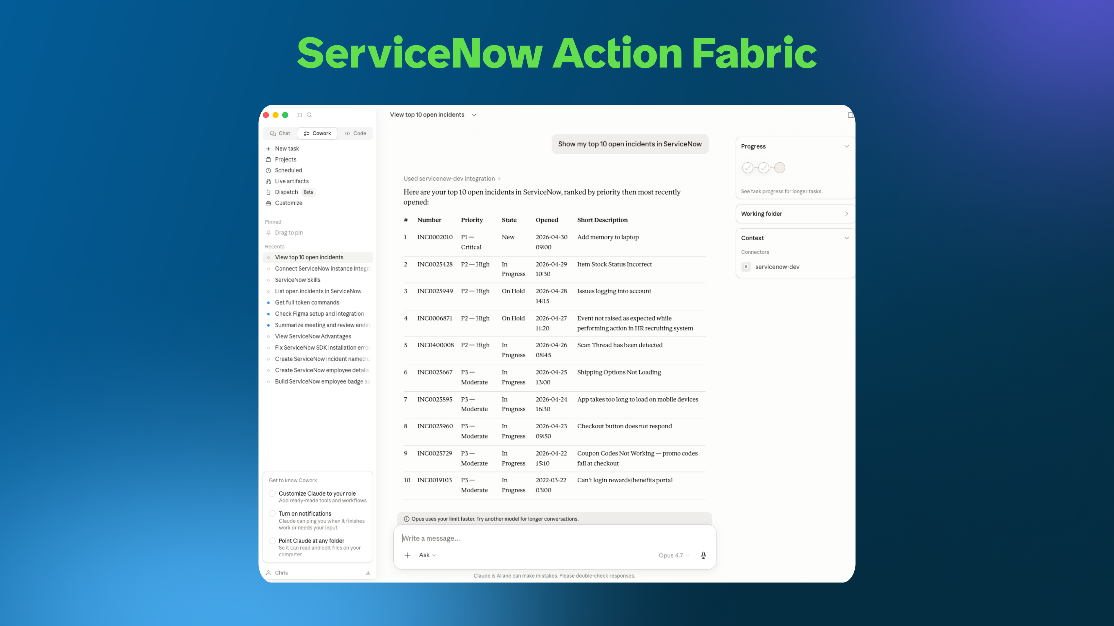 ServiceNow Action Fabric — Claude Cowork integration surfacing open incidents and routing approvals